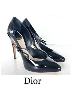 CHRISTIAN DIOR Black Patent Leather Bow Accents D'Orsay Heel Pumps Sz 38 NWB